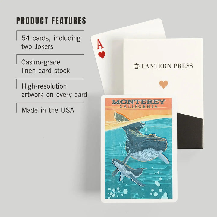 Playing Cards, Monterey, California, Vintage Press, Humpback Whale, 52 Card Deck with Jokers in Box, Unique Art Cards Lantern Press 
