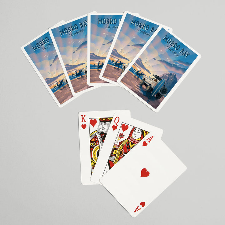 Playing Cards, Morro Bay, California, Lithograph, Surfers on Beach, 52 Card Deck with Jokers in Box, Unique Art Cards Lantern Press 