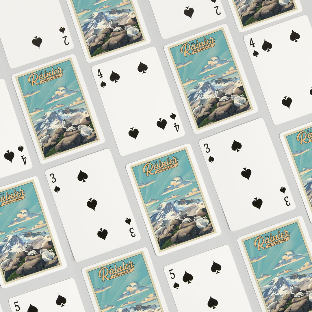 Playing Cards, Mt Rainier National Park, Goats, Lithograph, 52 Card Deck with Jokers in Box, Unique Art Cards Lantern Press 