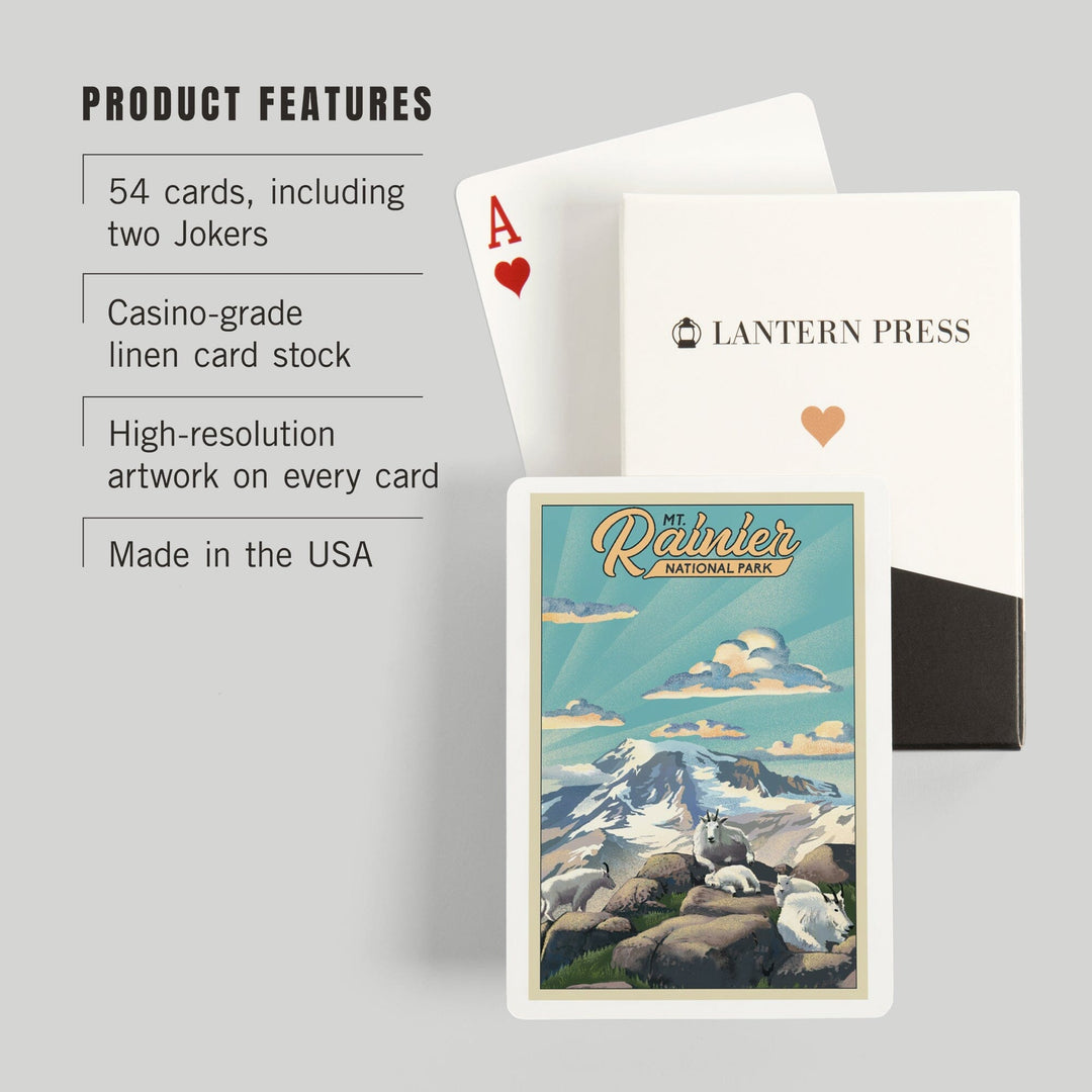 Playing Cards, Mt Rainier National Park, Goats, Lithograph, 52 Card Deck with Jokers in Box, Unique Art Cards Lantern Press 
