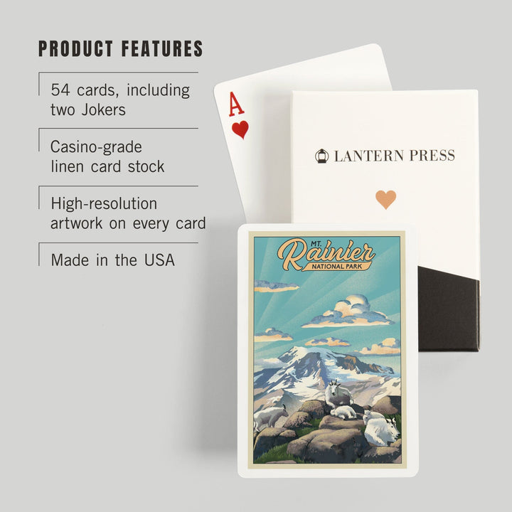 Playing Cards, Mt Rainier National Park, Goats, Lithograph, 52 Card Deck with Jokers in Box, Unique Art Cards Lantern Press 