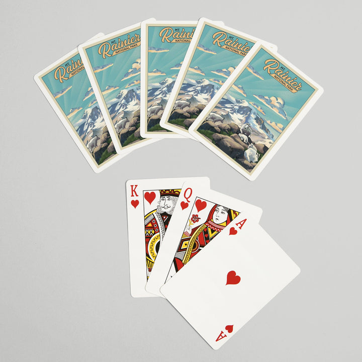 Playing Cards, Mt Rainier National Park, Goats, Lithograph, 52 Card Deck with Jokers in Box, Unique Art Cards Lantern Press 