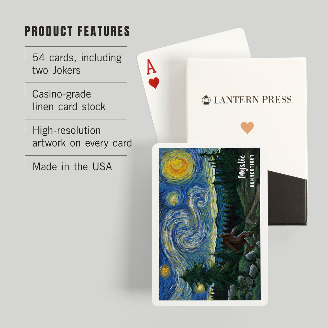 Playing Cards, Mystic, Connecticut, Starry Night, Bigfoot, 52 Card Deck with Jokers in Box, Unique Art Cards Lantern Press 