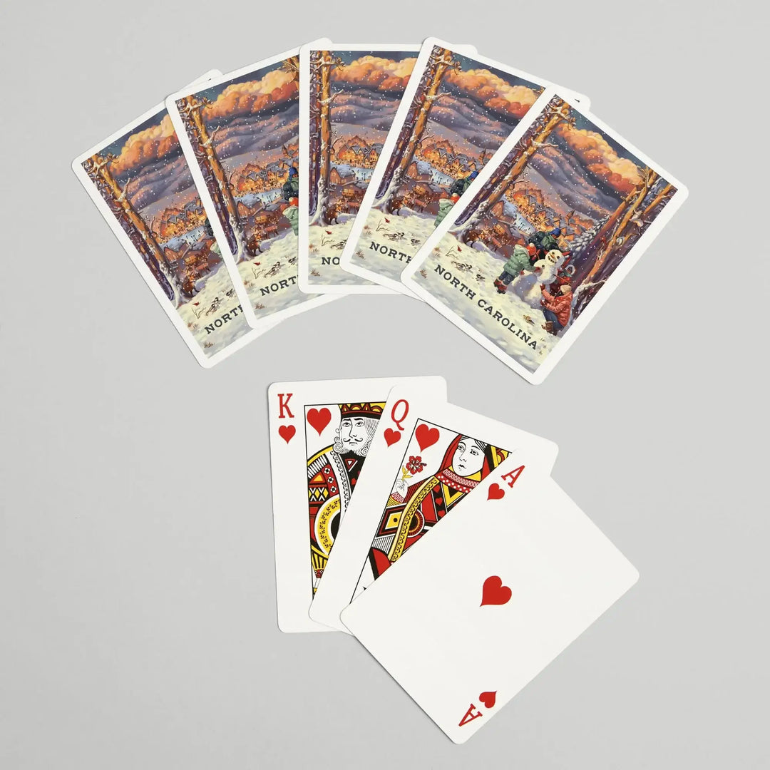 Playing Cards, North Carolina, Merry and Bright, Vintage Snowman, 52 Card Deck with Jokers in Box, Unique Art Cards Lantern Press 