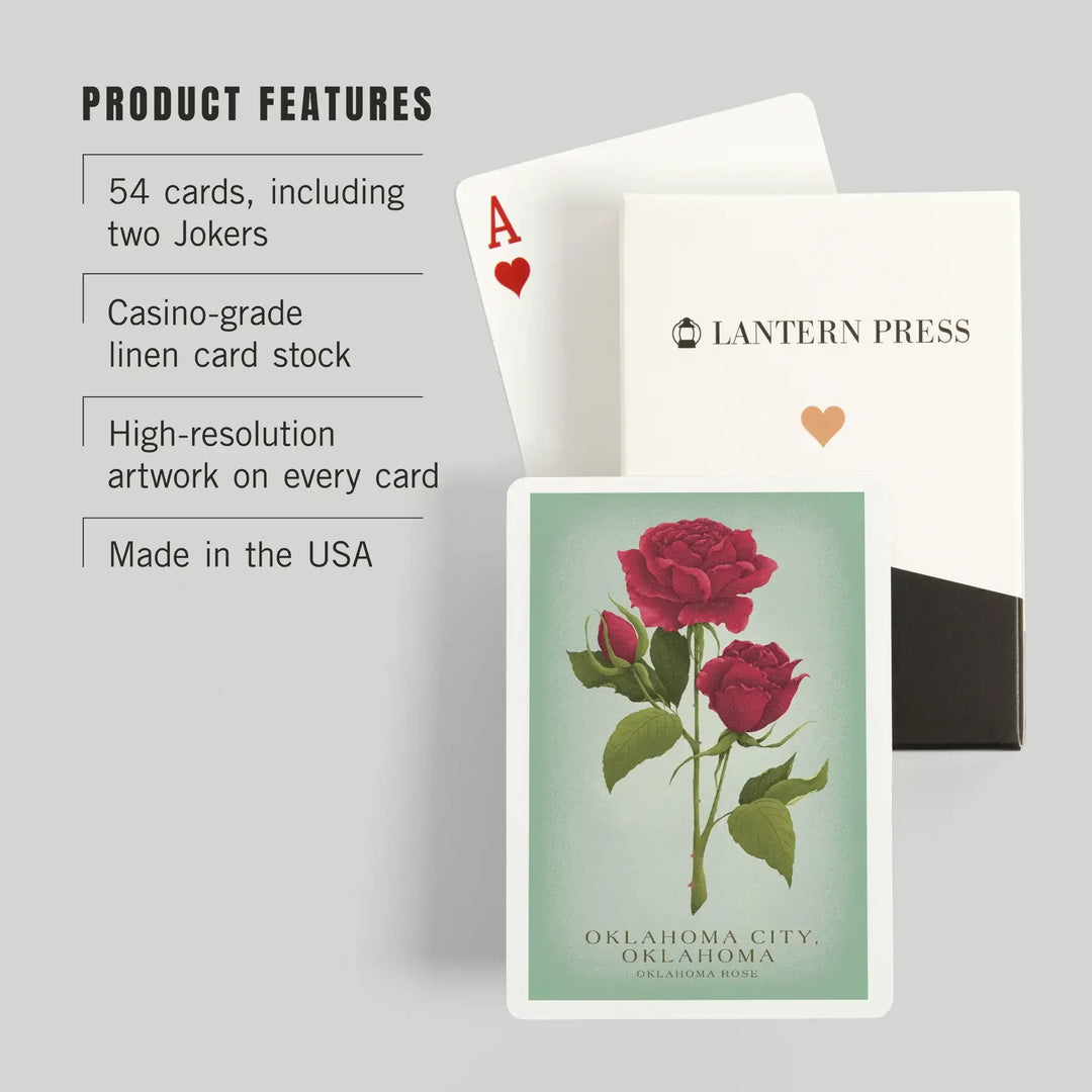 Playing Cards, Oklahoma City, Oklahoma, Vintage Flora, State Series, Oklahoma Rose, 52 Card Deck with Jokers in Box, Unique Art Cards Lantern Press 