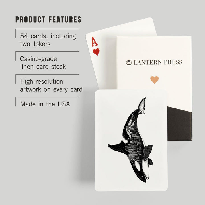 Playing Cards, Orca and Seattle Skyline, Double Exposure, 52 Card Deck with Jokers in Box, Unique Art Cards Lantern Press 