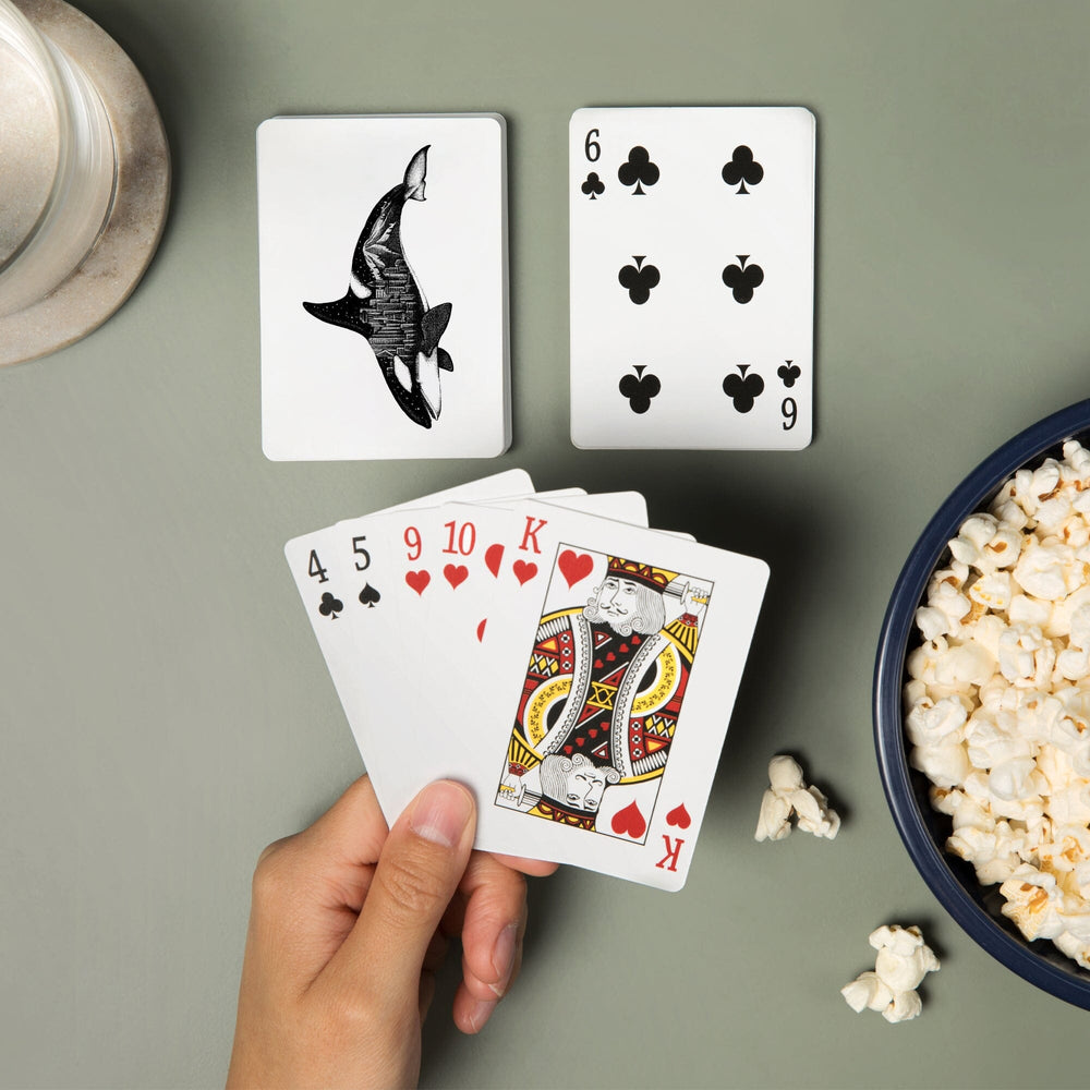Playing Cards, Orca and Seattle Skyline, Double Exposure, 52 Card Deck with Jokers in Box, Unique Art Cards Lantern Press 