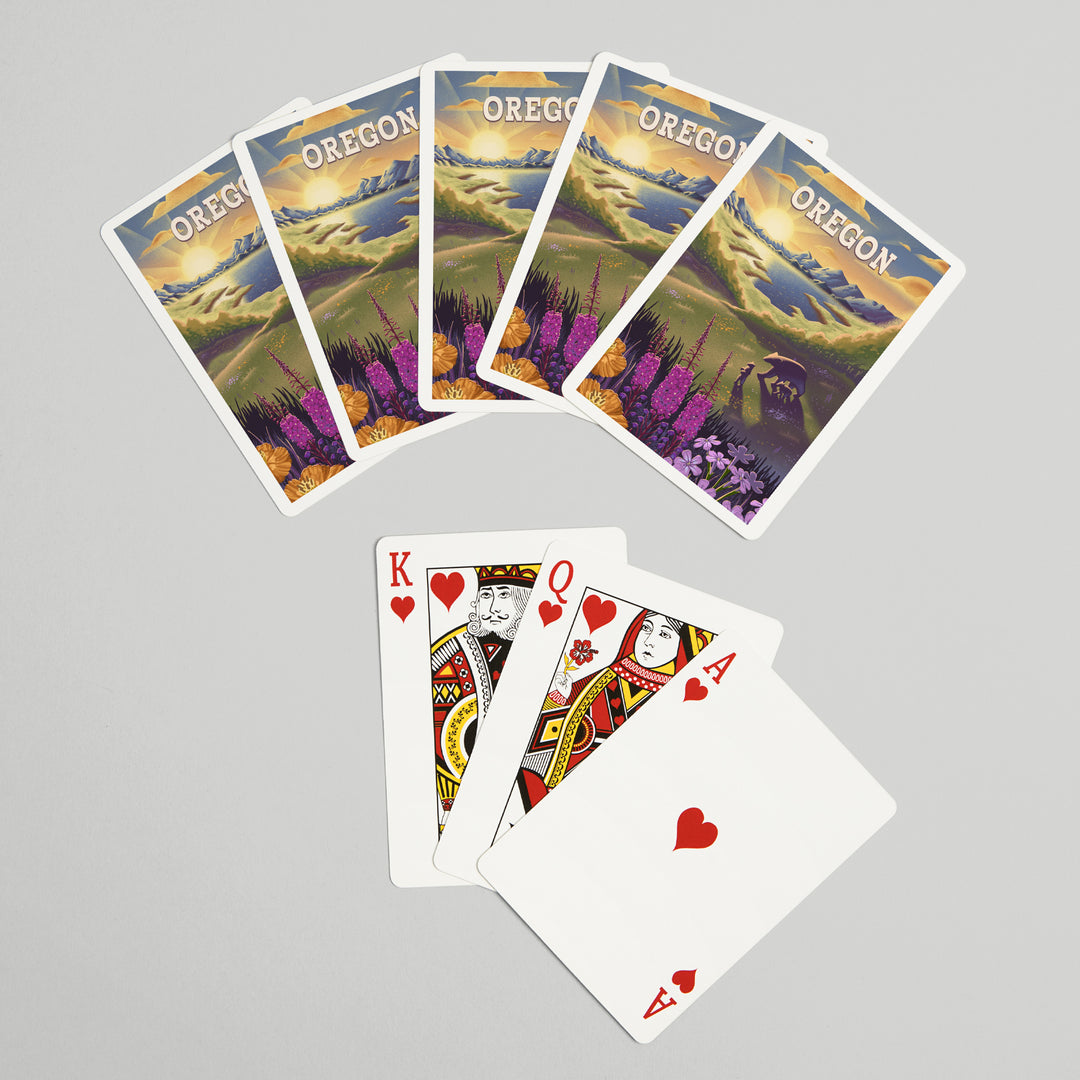 Playing Cards, Oregon, Bear and Spring Flowers, Lithograph, 52 Card Deck with Jokers in Box, Unique Art Cards Lantern Press 