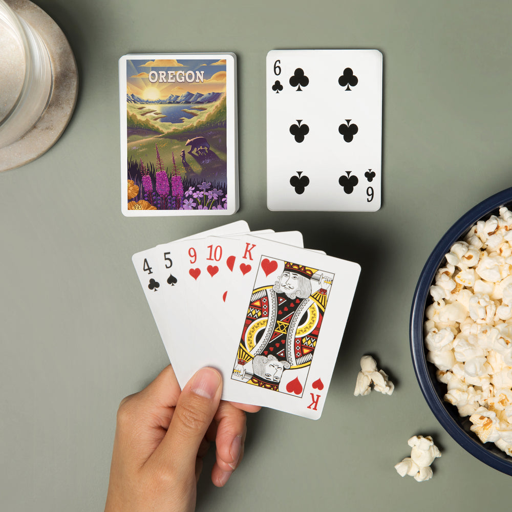 Playing Cards, Oregon, Bear and Spring Flowers, Lithograph, 52 Card Deck with Jokers in Box, Unique Art Cards Lantern Press 