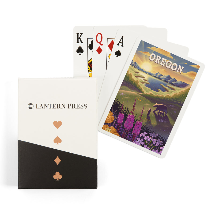 Playing Cards, Oregon, Bear and Spring Flowers, Lithograph, 52 Card Deck with Jokers in Box, Unique Art Cards Lantern Press 