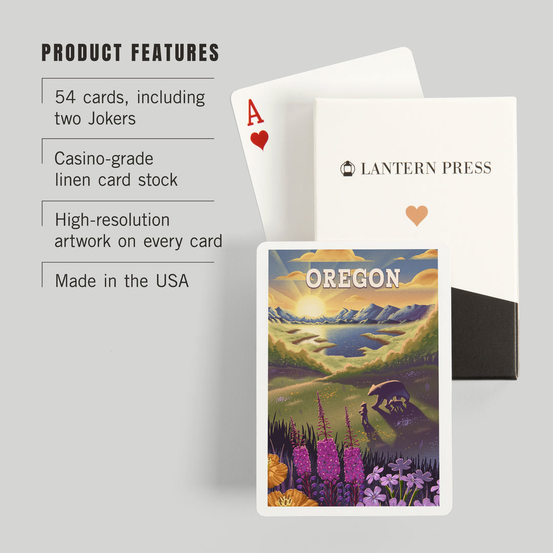 Playing Cards, Oregon, Bear and Spring Flowers, Lithograph, 52 Card Deck with Jokers in Box, Unique Art Cards Lantern Press 