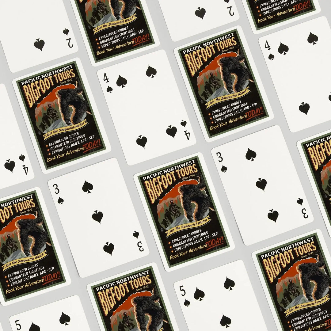 Playing Cards, Pacific Northwest, Bigfoot Tours, Vintage Sign, 52 Card Deck with Jokers in Box, Unique Art Cards Lantern Press 