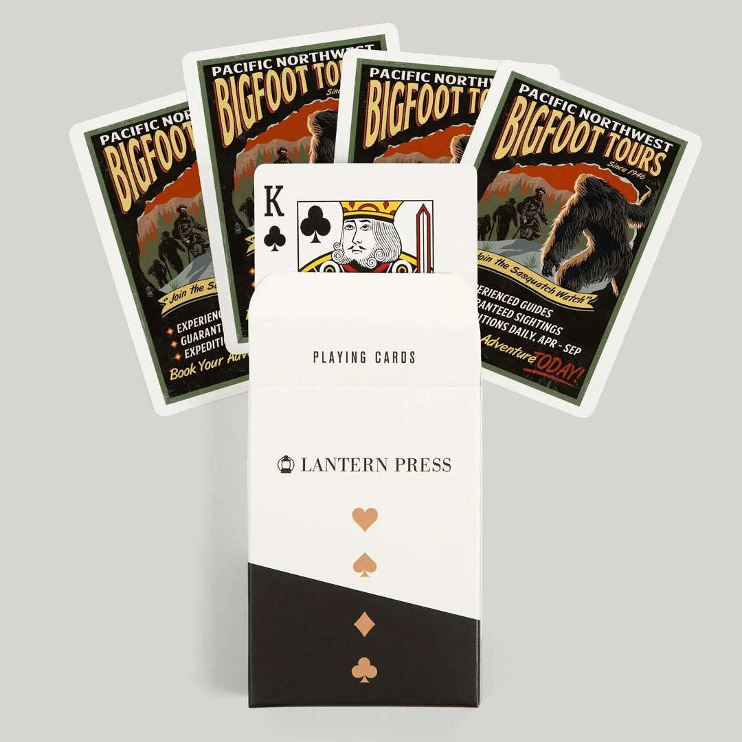 Playing Cards, Pacific Northwest, Bigfoot Tours, Vintage Sign, 52 Card Deck with Jokers in Box, Unique Art Cards Lantern Press 