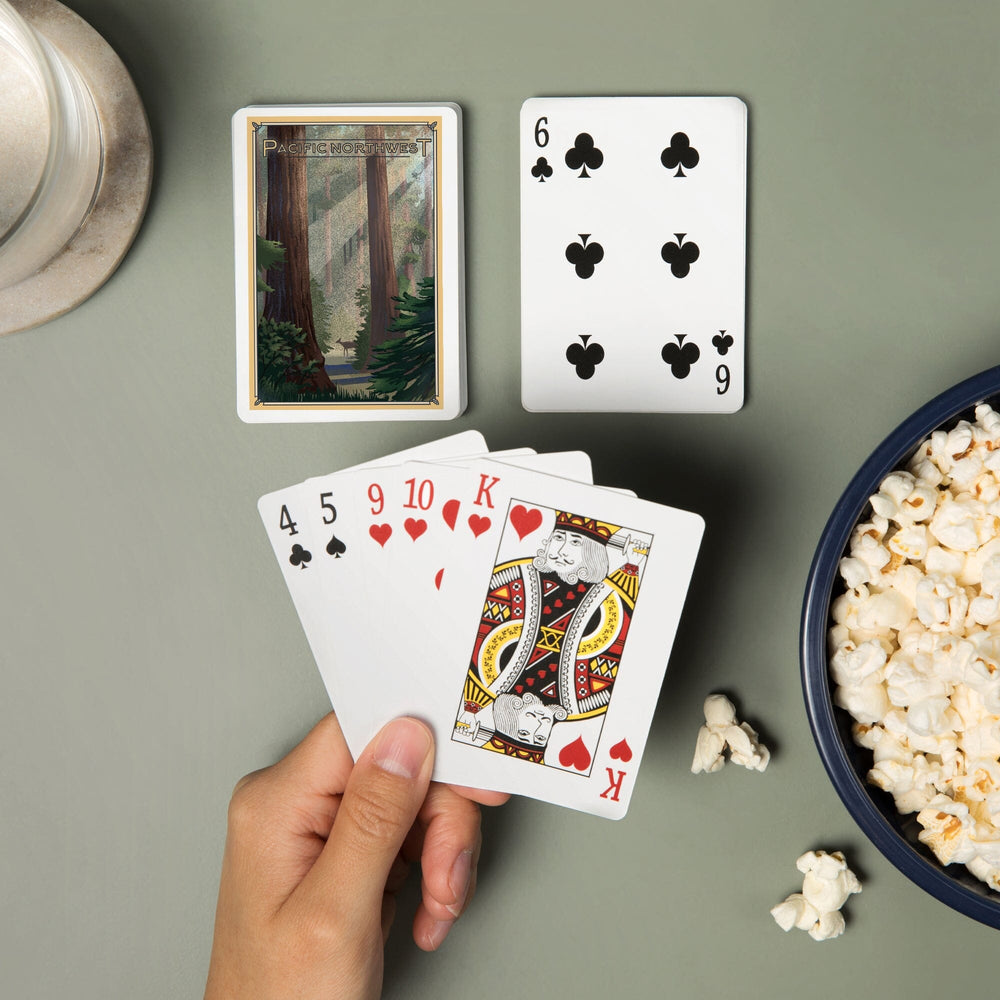 Playing Cards, Pacific Northwest, Deer in Forest, Lithograph, 52 Card Deck with Jokers in Box, Unique Art Cards Lantern Press 