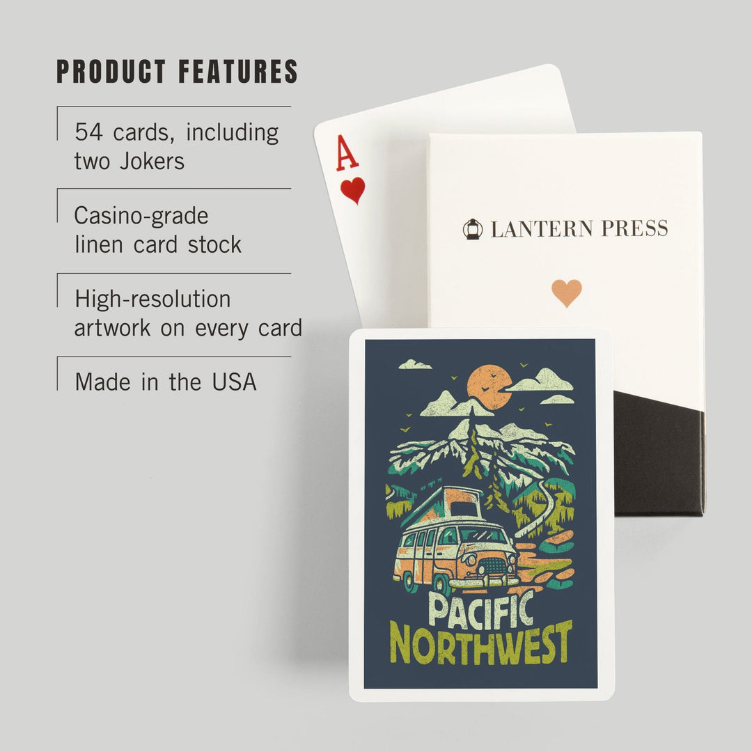 Playing Cards, Pacific Northwest, Distressed Vector, Camper Van in the Mountains, 52 Card Deck with Jokers in Box, Unique Art Cards Lantern Press 