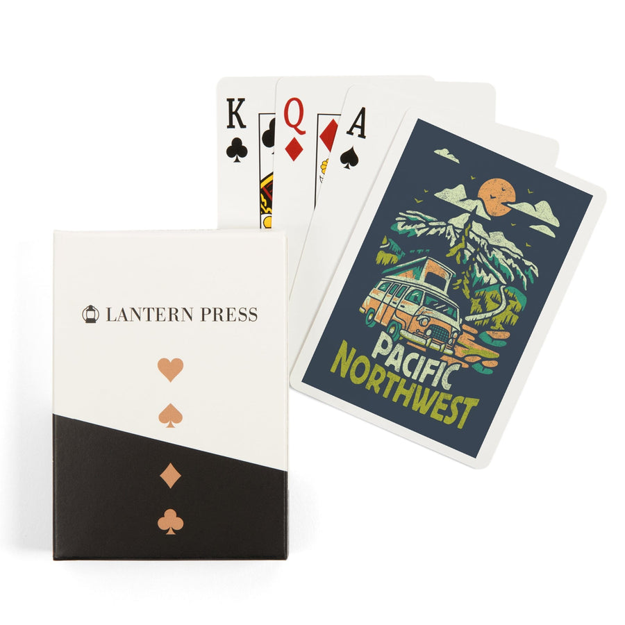 Playing Cards, Pacific Northwest, Distressed Vector, Camper Van in the Mountains, 52 Card Deck with Jokers in Box, Unique Art Cards Lantern Press 