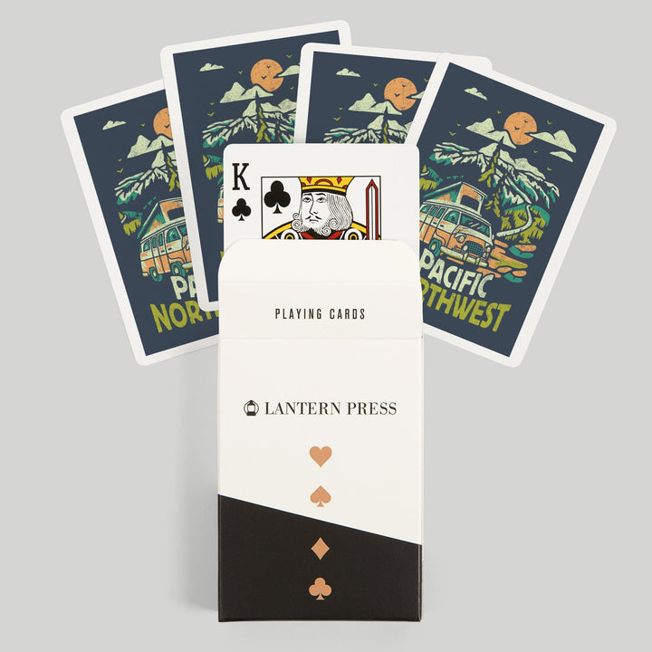 Playing Cards, Pacific Northwest, Distressed Vector, Camper Van in the Mountains, 52 Card Deck with Jokers in Box, Unique Art Cards Lantern Press 