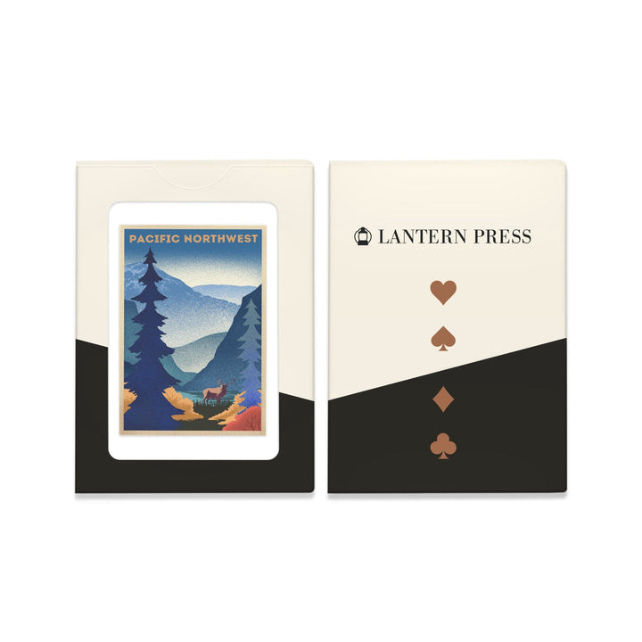 Playing Cards, Pacific Northwest, Elk and Mountain Scene, Lithograph, 52 Card Deck with Jokers in Box, Unique Art Cards Lantern Press 