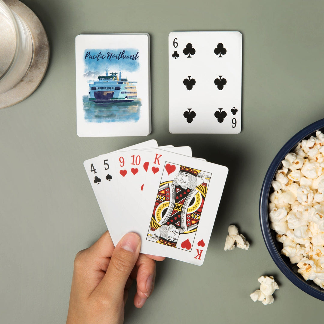 Playing Cards, Pacific Northwest, Ferry, Watercolor, 52 Card Deck with Jokers in Box, Unique Art Cards Lantern Press 