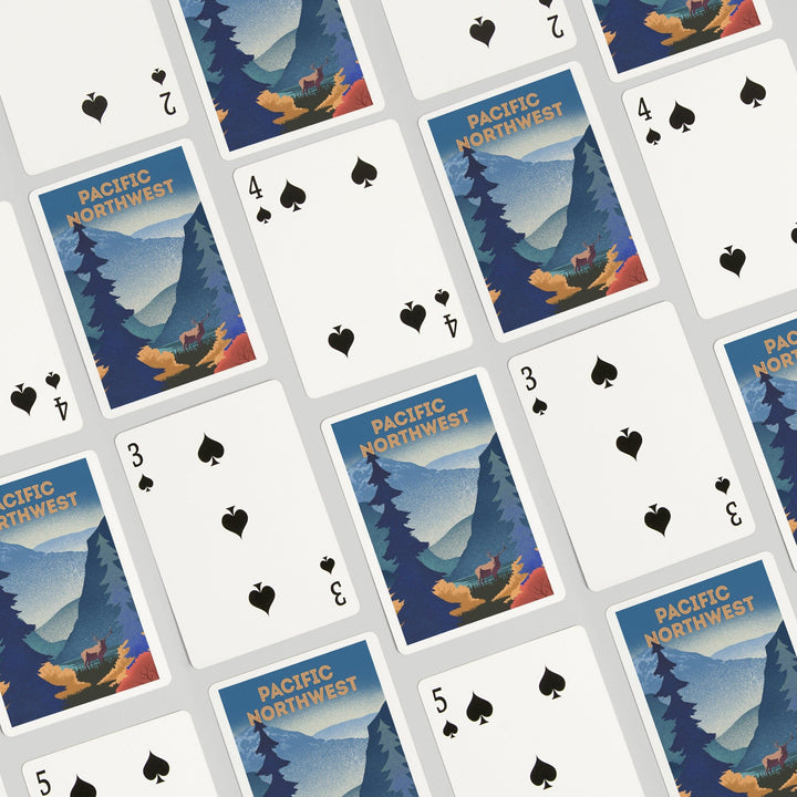Playing Cards, Pacific Northwest, Lithograph, Elk and Mountains Scene, 52 Card Deck with Jokers in Box, Unique Art Cards Lantern Press 