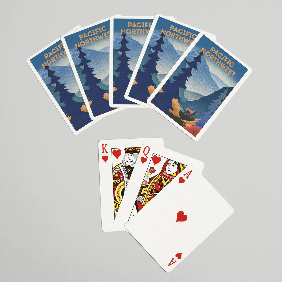 Playing Cards, Pacific Northwest, Lithograph, Elk and Mountains Scene, 52 Card Deck with Jokers in Box, Unique Art Cards Lantern Press 