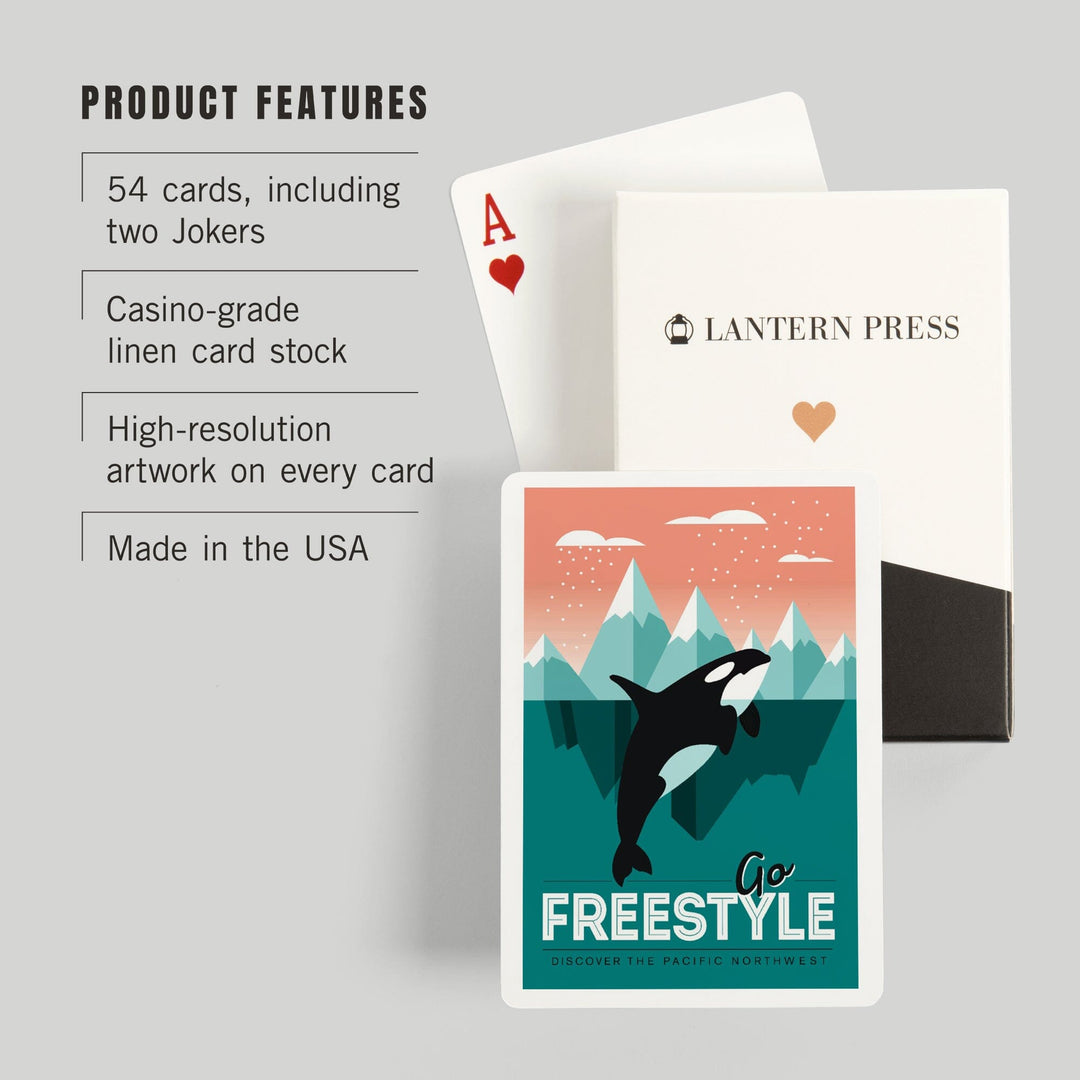 Playing Cards, Pacific Northwest, Orca Whale, Go Freestyle, 52 Card Deck with Jokers in Box, Unique Art Cards Lantern Press 