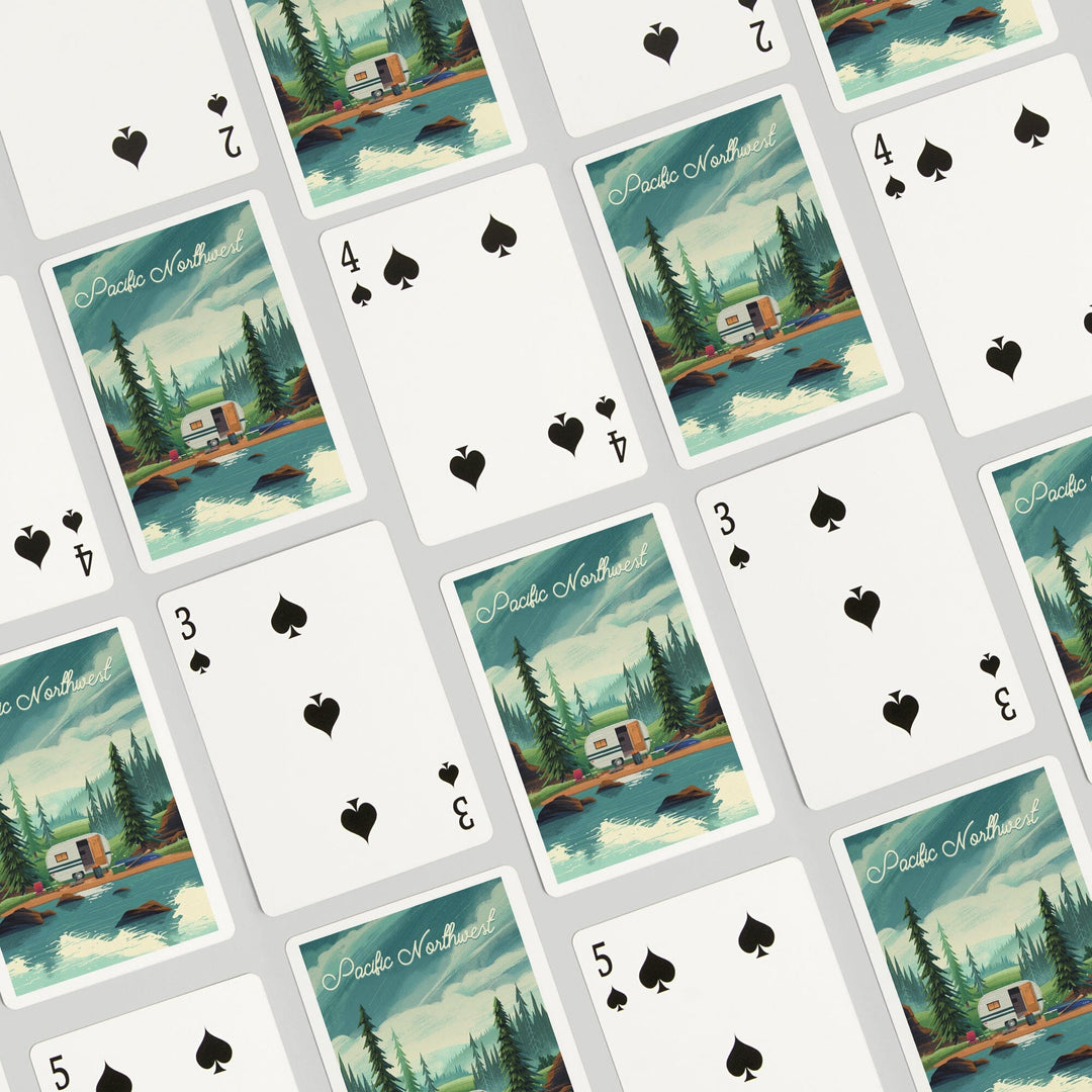 Playing Cards, Pacific Northwest, Outdoor Activity, At Home Anywhere, Camper in Evergreens, 52 Card Deck with Jokers in Box, Unique Art Cards Lantern Press 