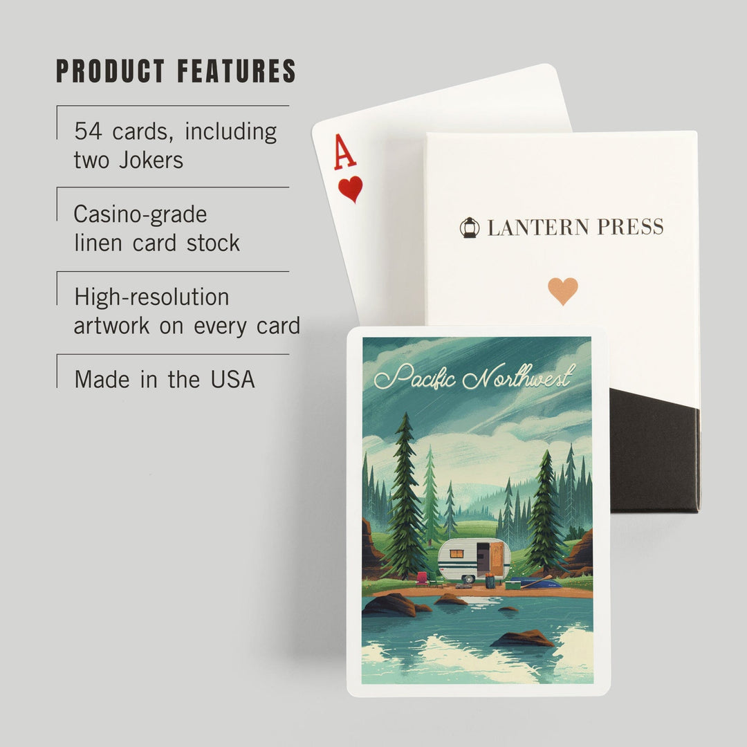 Playing Cards, Pacific Northwest, Outdoor Activity, At Home Anywhere, Camper in Evergreens, 52 Card Deck with Jokers in Box, Unique Art Cards Lantern Press 