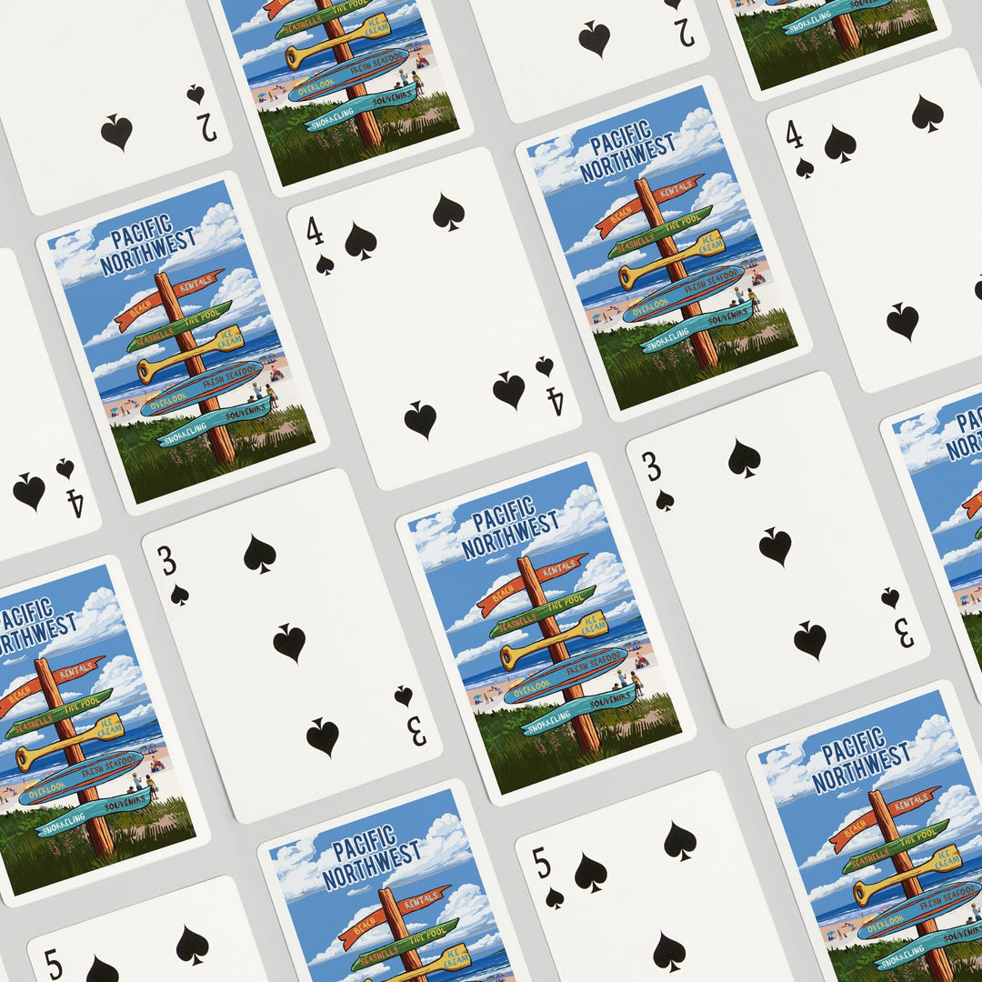 Playing Cards, Pacific Northwest, Signpost, Coast Beach with Umbrellas, 52 Card Deck with Jokers in Box, Unique Art Cards Lantern Press 