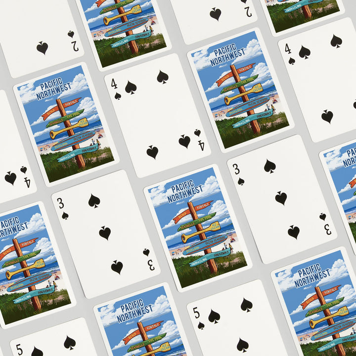 Playing Cards, Pacific Northwest, Signpost, Coast Beach with Umbrellas, 52 Card Deck with Jokers in Box, Unique Art Cards Lantern Press 