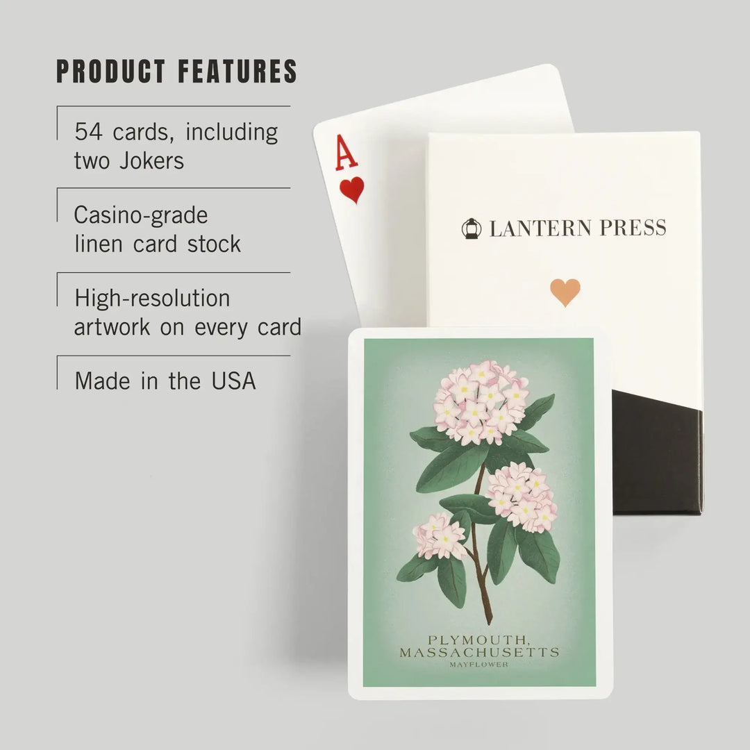 Playing Cards, Plymouth, Massachusetts, Vintage Flora, State Series, Mayflower, 52 Card Deck with Jokers in Box, Unique Art Cards Lantern Press 