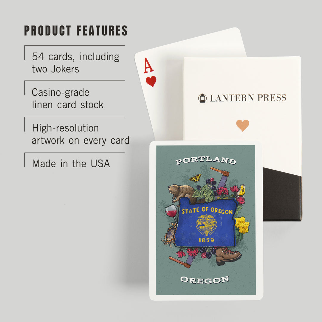 Playing Cards, Portland, Oregon, State Treasure Trove, State Series, 52 Card Deck with Jokers in Box, Unique Art Cards Lantern Press 