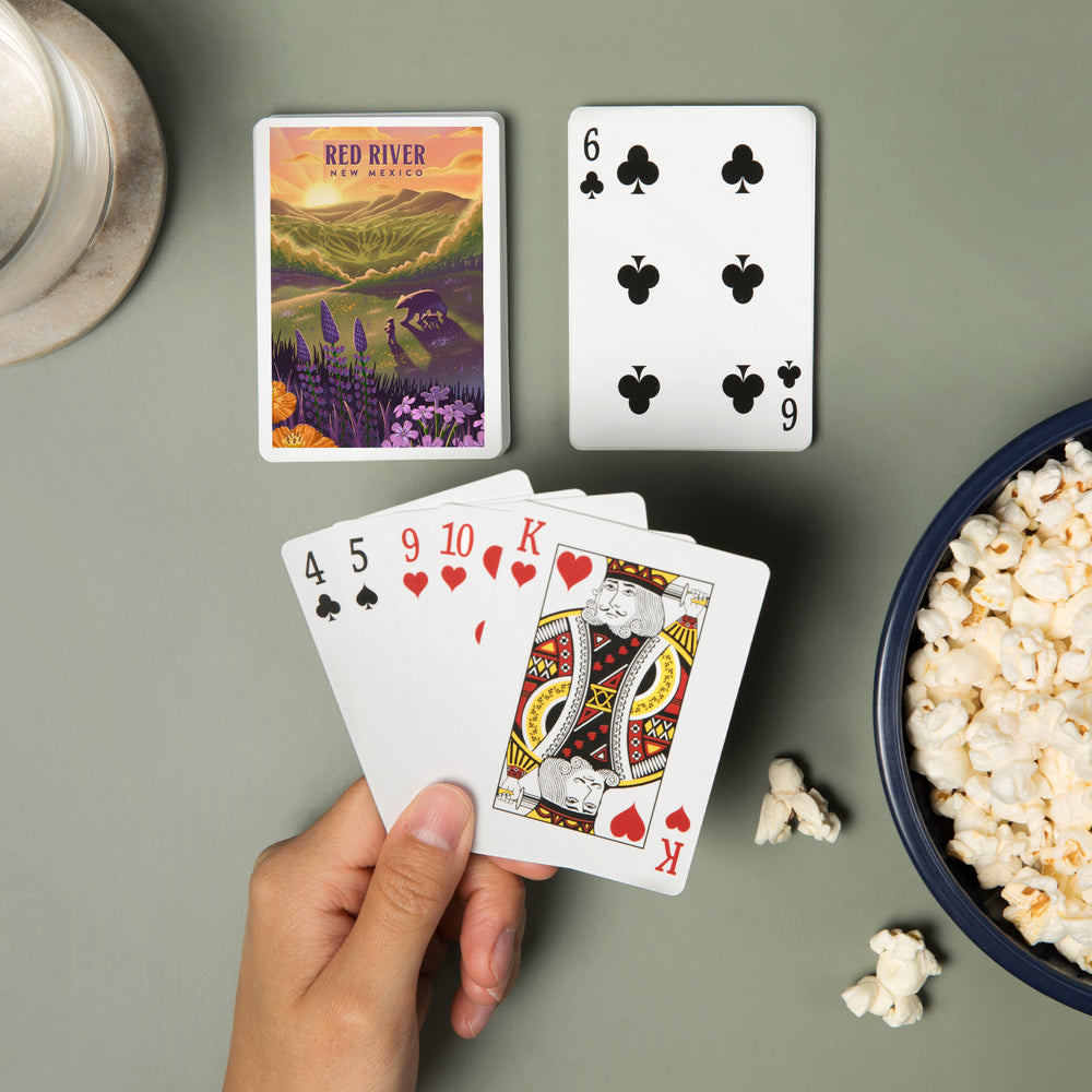Playing Cards, Red River, New Mexico, Lithograph, Bear and Spring Flowers, Ski Mountain, 52 Card Deck with Jokers in Box, Unique Art Cards Lantern Press 