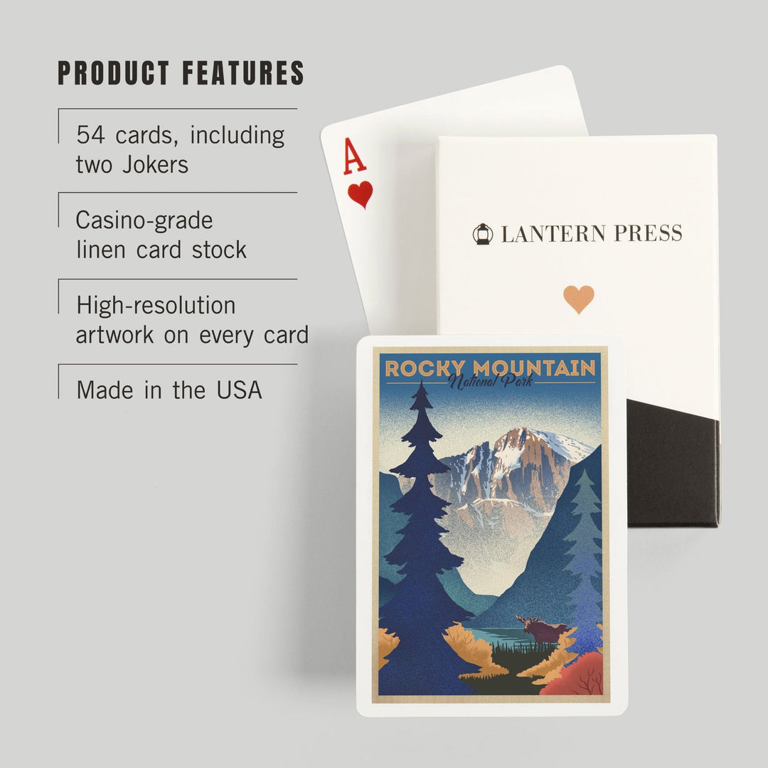 Playing Cards, Rocky Mountain National Park, Colorado, Moose and Lake, Lithograph, 52 Card Deck with Jokers in Box, Unique Art Cards Lantern Press 
