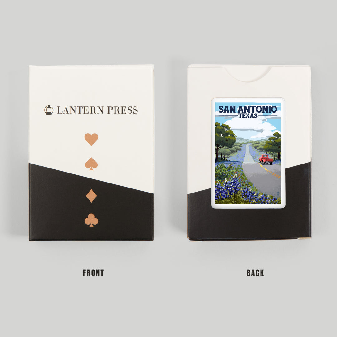 Playing Cards, San Antonio, Texas, Painterly, Bluebonnets and Highway, 52 Card Deck with Jokers in Box, Unique Art Cards Lantern Press 