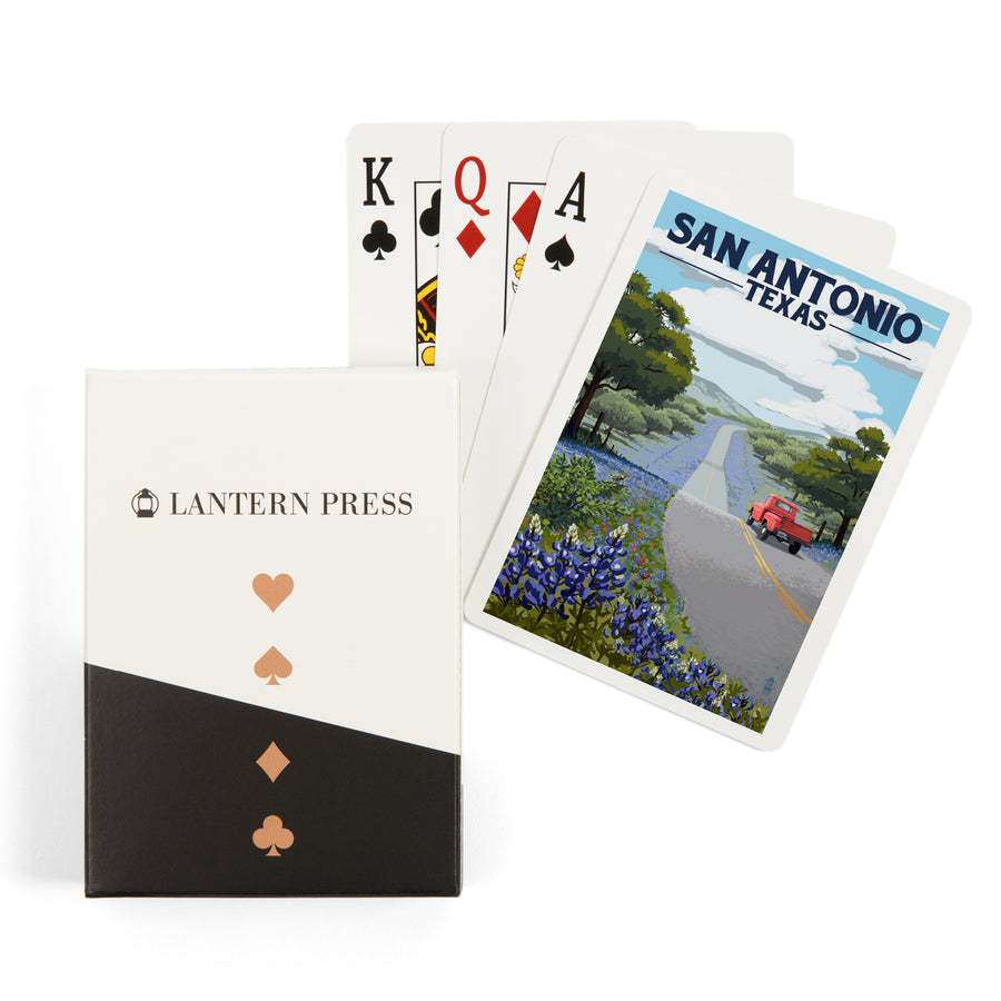 Playing Cards, San Antonio, Texas, Painterly, Bluebonnets and Highway, 52 Card Deck with Jokers in Box, Unique Art Cards Lantern Press 