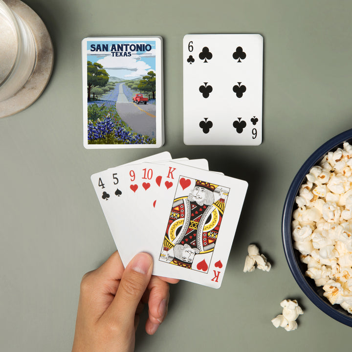 Playing Cards, San Antonio, Texas, Painterly, Bluebonnets and Highway, 52 Card Deck with Jokers in Box, Unique Art Cards Lantern Press 