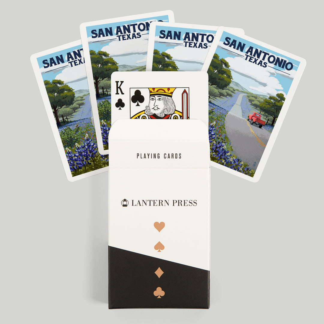 Playing Cards, San Antonio, Texas, Painterly, Bluebonnets and Highway, 52 Card Deck with Jokers in Box, Unique Art Cards Lantern Press 