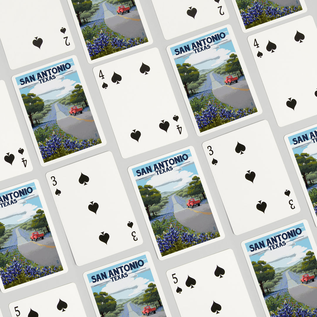 Playing Cards, San Antonio, Texas, Painterly, Bluebonnets and Highway, 52 Card Deck with Jokers in Box, Unique Art Cards Lantern Press 