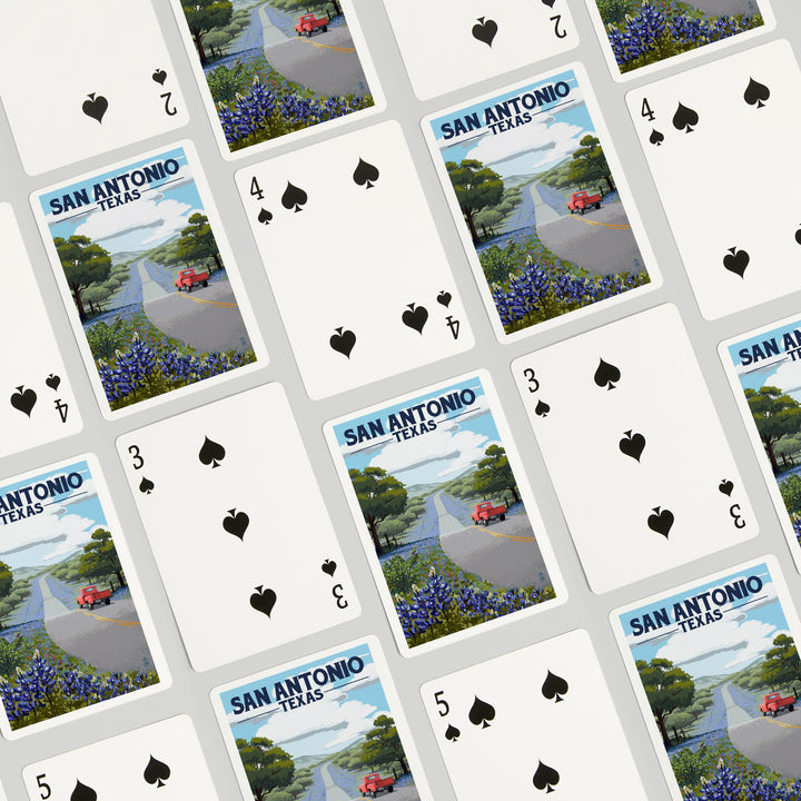 Playing Cards, San Antonio, Texas, Painterly, Bluebonnets and Highway, 52 Card Deck with Jokers in Box, Unique Art Cards Lantern Press 