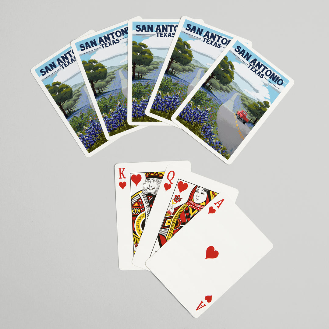 Playing Cards, San Antonio, Texas, Painterly, Bluebonnets and Highway, 52 Card Deck with Jokers in Box, Unique Art Cards Lantern Press 