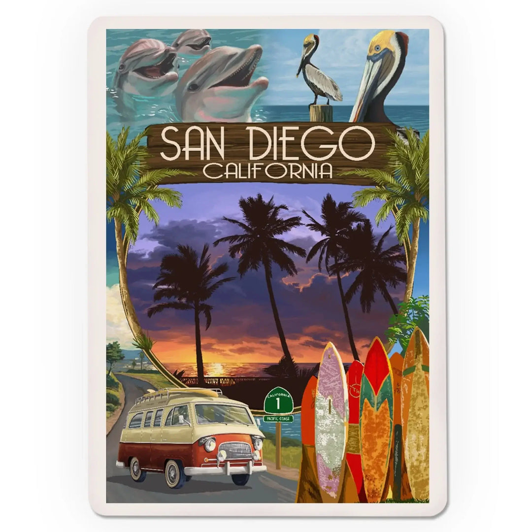 Playing Cards, San Diego, California, LP Camper Van, Montage, 52 Card Deck with Jokers in Box, Unique Art Cards Lantern Press 