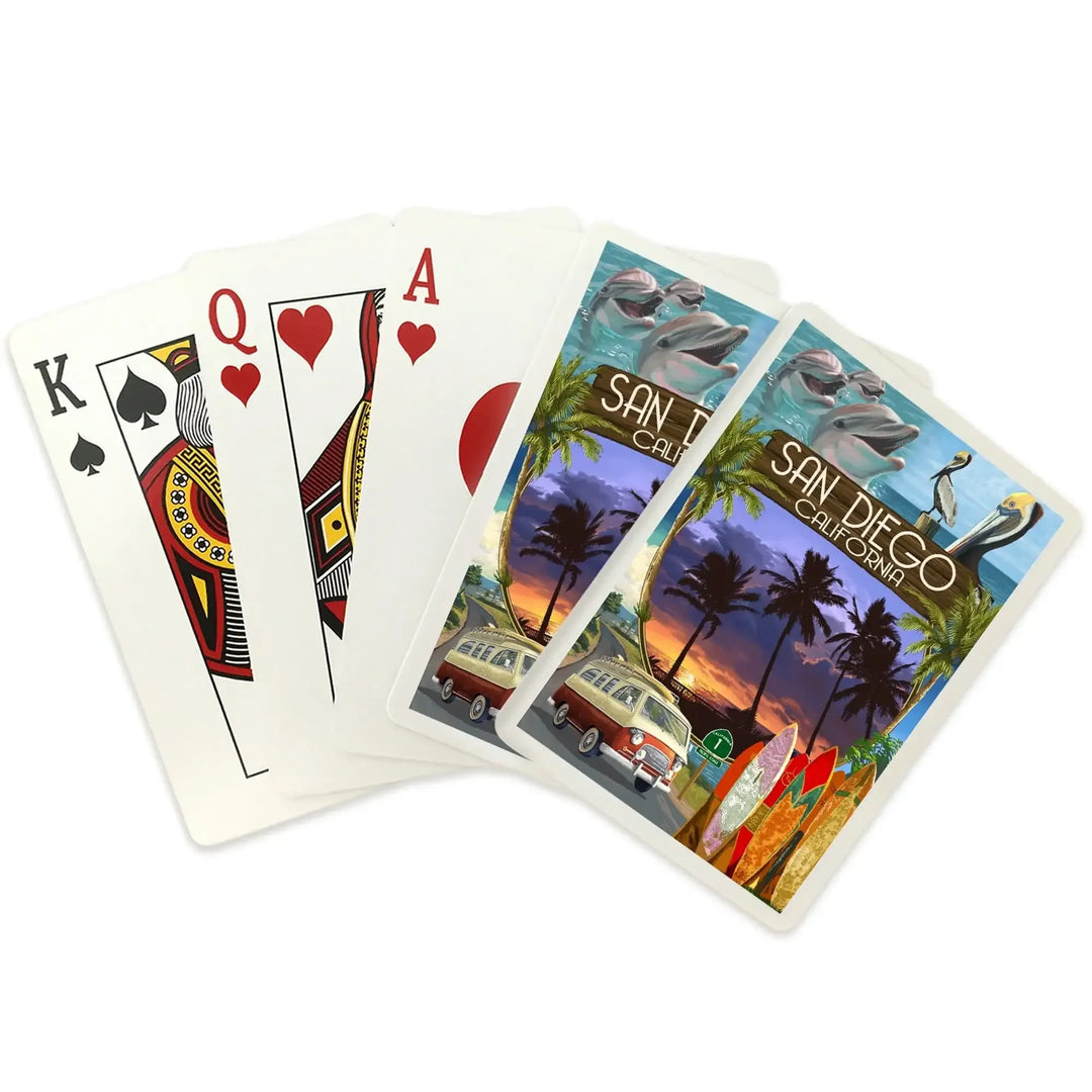Playing Cards, San Diego, California, LP Camper Van, Montage, 52 Card Deck with Jokers in Box, Unique Art Cards Lantern Press 