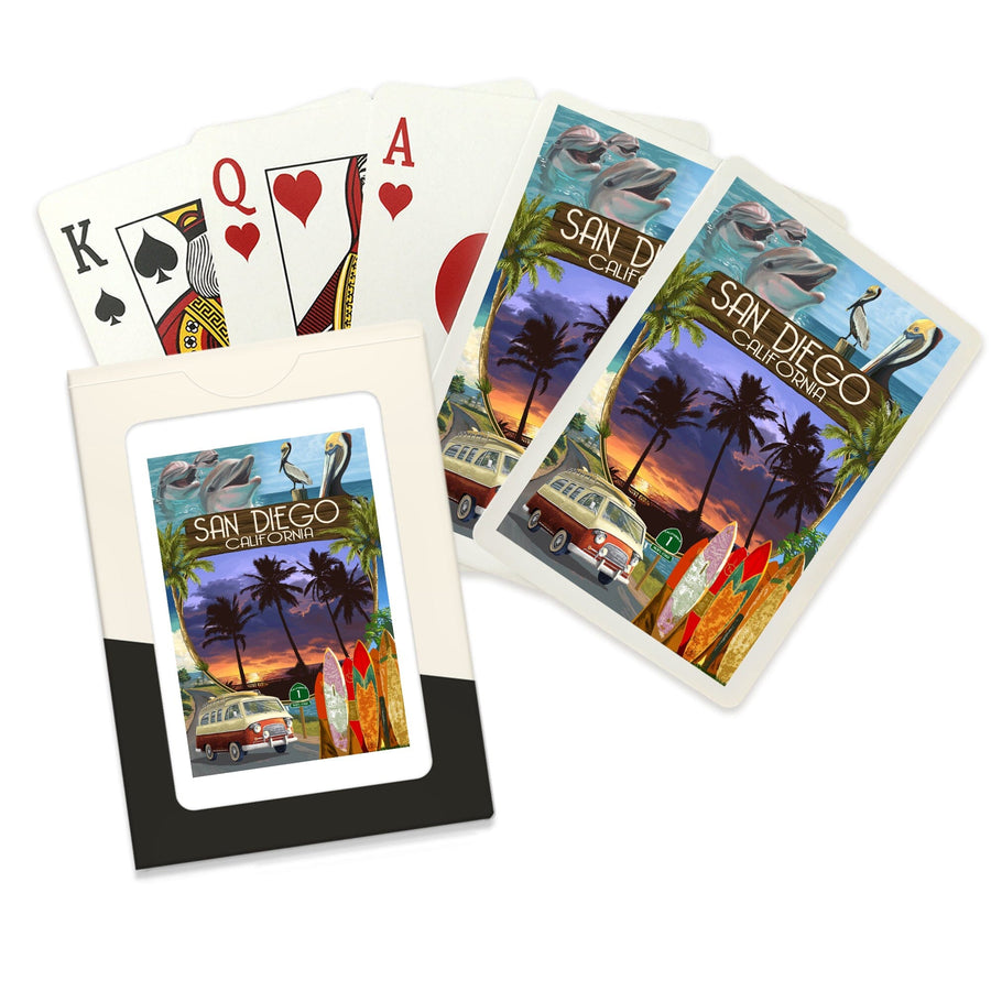 Playing Cards, San Diego, California, LP Camper Van, Montage, 52 Card Deck with Jokers in Box, Unique Art Cards Lantern Press 