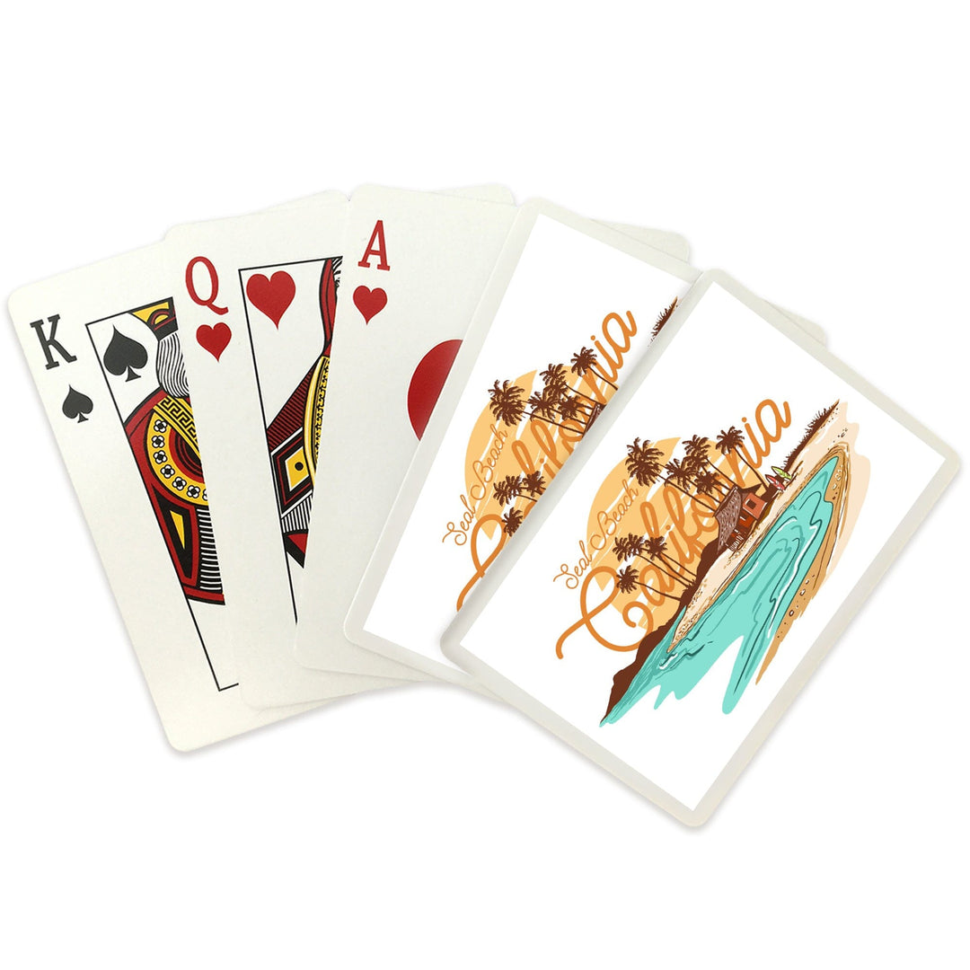 Playing Cards, Seal Beach, California, Beach Scene Line Drawing, 52 Card Deck with Jokers in Box, Unique Art Cards Lantern Press 