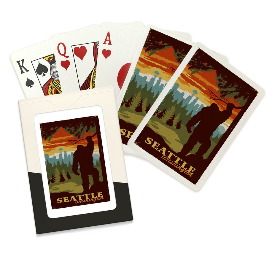Playing Cards, Seattle Skyline, Bigfoot, WPA Style, 52 Card Deck with Jokers in Box, Unique Art Cards Lantern Press 