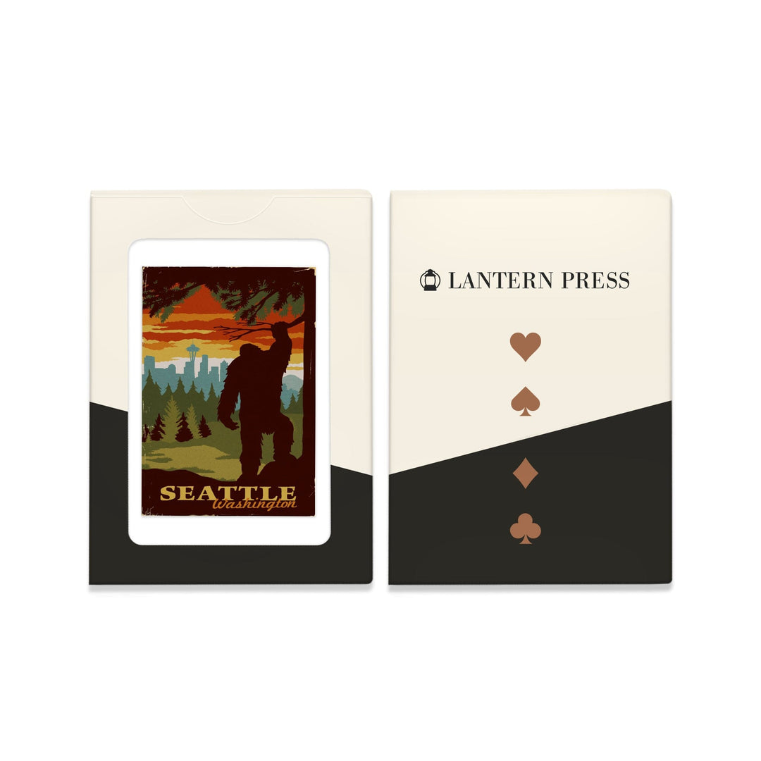 Playing Cards, Seattle Skyline, Bigfoot, WPA Style, 52 Card Deck with Jokers in Box, Unique Art Cards Lantern Press 