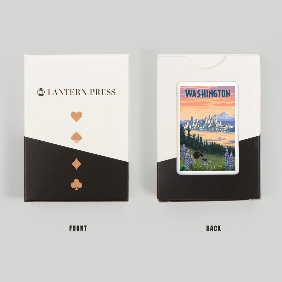 Playing Cards, Seattle, Washington, Bear and Spring Flowers, 52 Card Deck with Jokers in Box, Unique Art Cards Lantern Press 