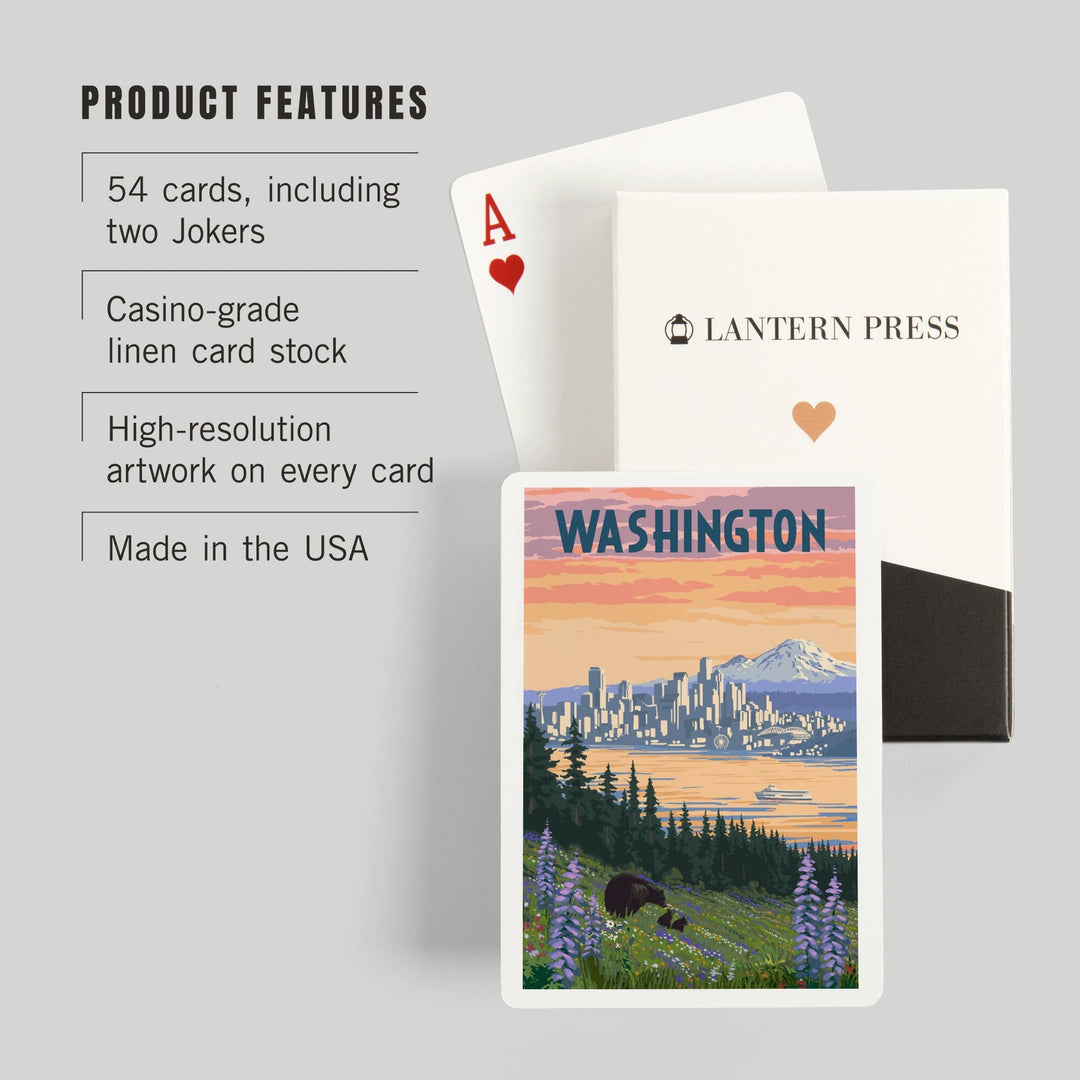 Playing Cards, Seattle, Washington, Bear and Spring Flowers, 52 Card Deck with Jokers in Box, Unique Art Cards Lantern Press 