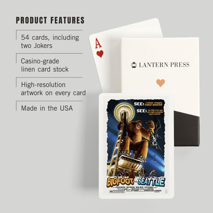 Playing Cards, Seattle, Washington, Bigfoot vs Seattle, 52 Card Deck with Jokers in Box, Unique Art Cards Lantern Press 